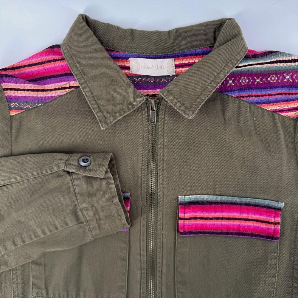Altar'd State Utility Jacket Small Olive Military Green Serape Striped Trim Zip‎